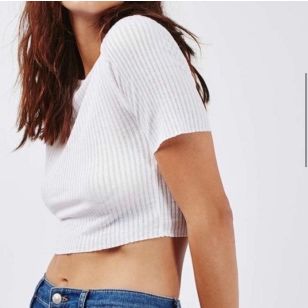 TOPSHOP Crop Top White Boatneck Short Sleeve Ribbed Lightweight Small